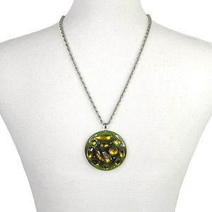 Laila Rowe Circle Pendant Necklace Green Resin Faux Yellow Stones Rhinestone